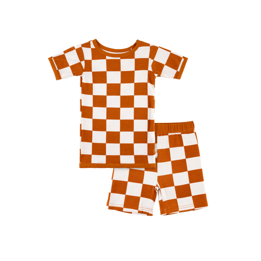 Toddler Short-Sleeve Bamboo Pajamas - Rust Checkerboard
