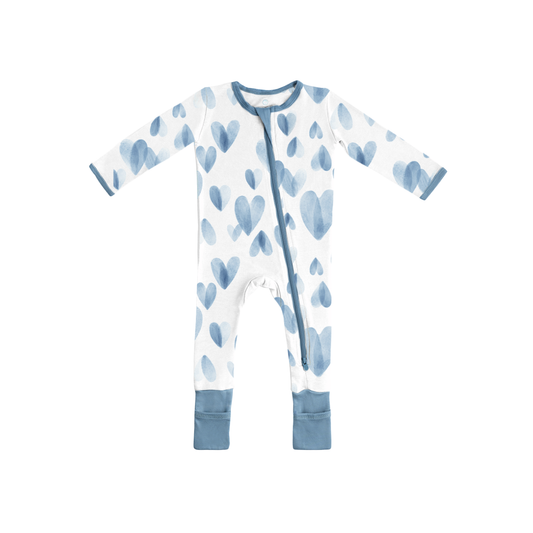 Baby Bamboo Pajamas w/ DreamCuffs® - Ocean Blue Hearts
