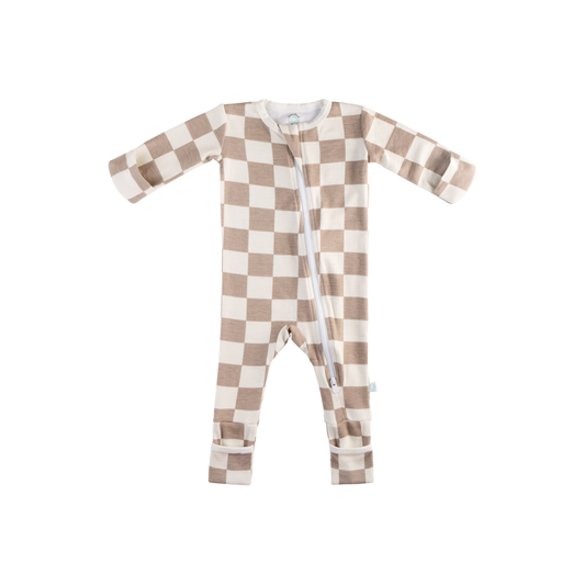 Baby Bamboo Pajamas w/ DreamCuffs® - Oat Latte Checkerboard