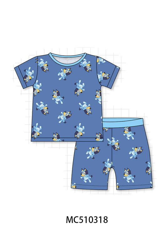 Blue Character Print Bamboo Shorts Set