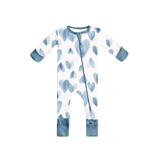 Baby Bamboo Pajamas w/ DreamCuffs® - Ocean Blue Hearts