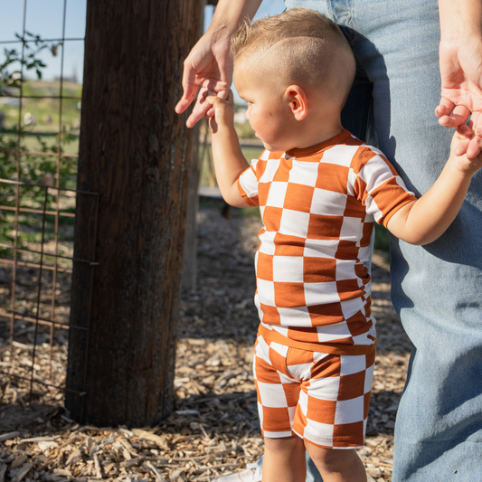 Toddler Short-Sleeve Bamboo Pajamas - Rust Checkerboard